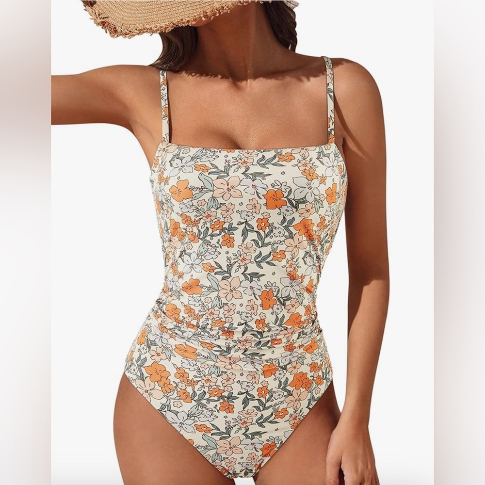 SUUKSESS Sexy Tummy Control One Piece Swimsuits Square Neck Floral Medium NWT